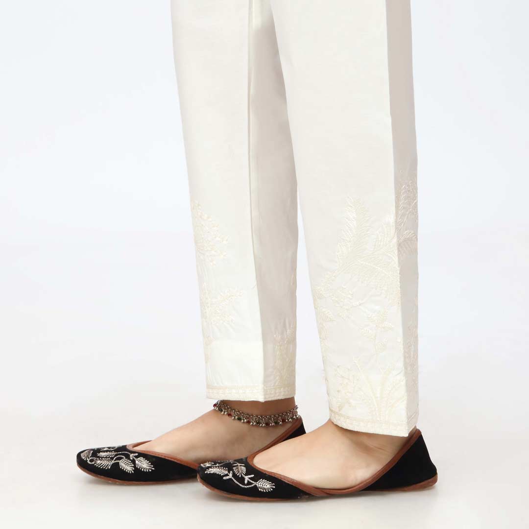 Cream Embroidered Cambric Slim Fit Trouser PW3669