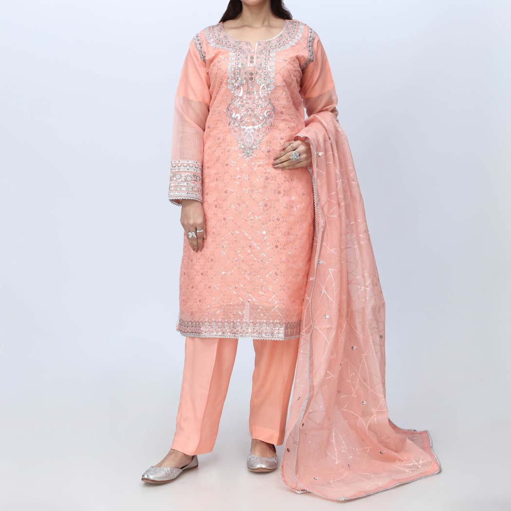 Peach 3PC- Embellished Organza Net Suit PF3053