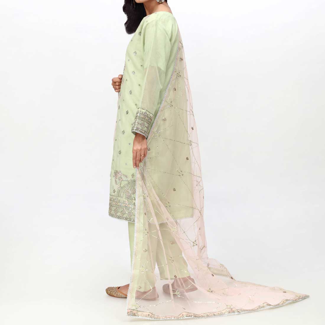 Green 3PC- Embellished Cotton Net Suit PF3058
