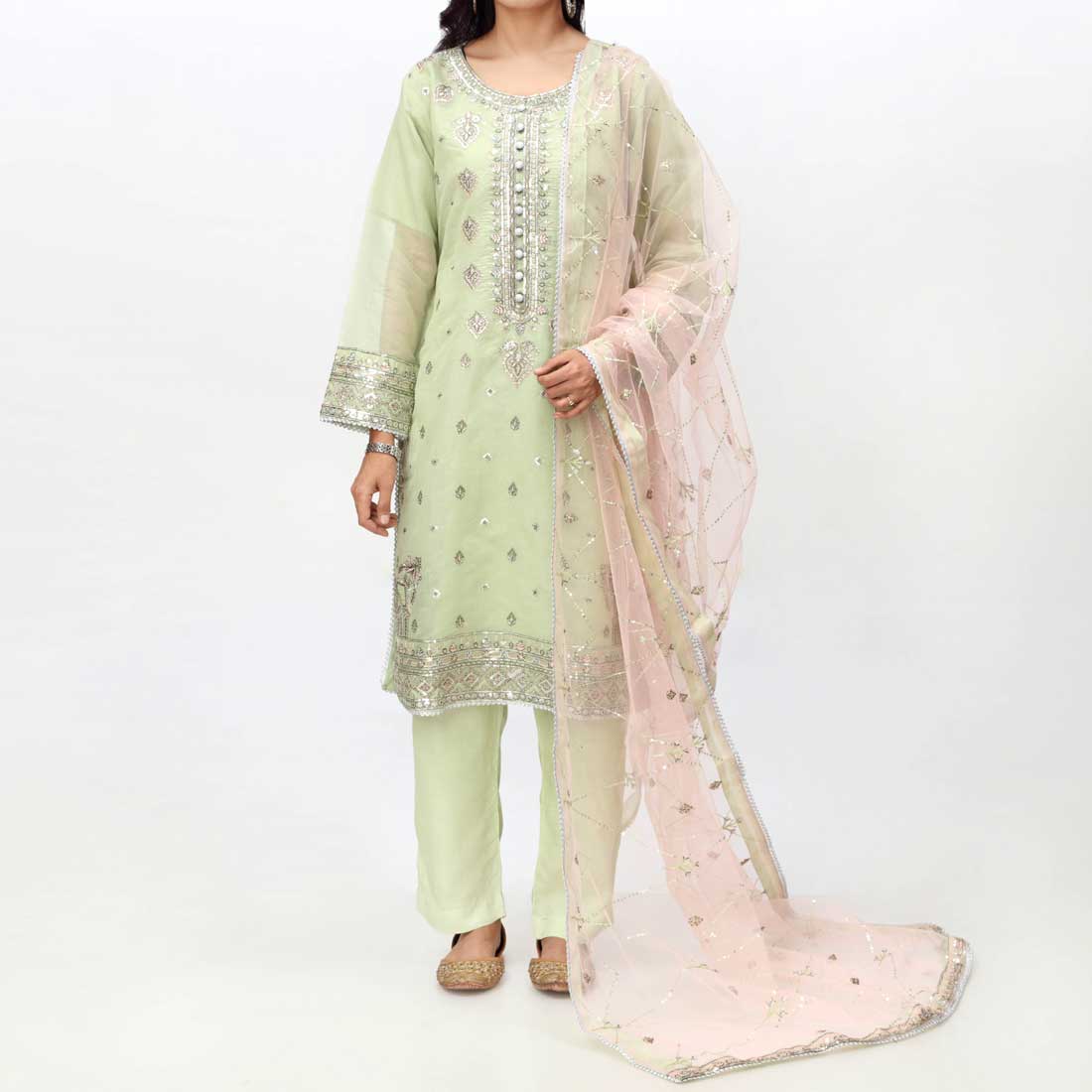 Green 3PC- Embellished Cotton Net Suit PF3058