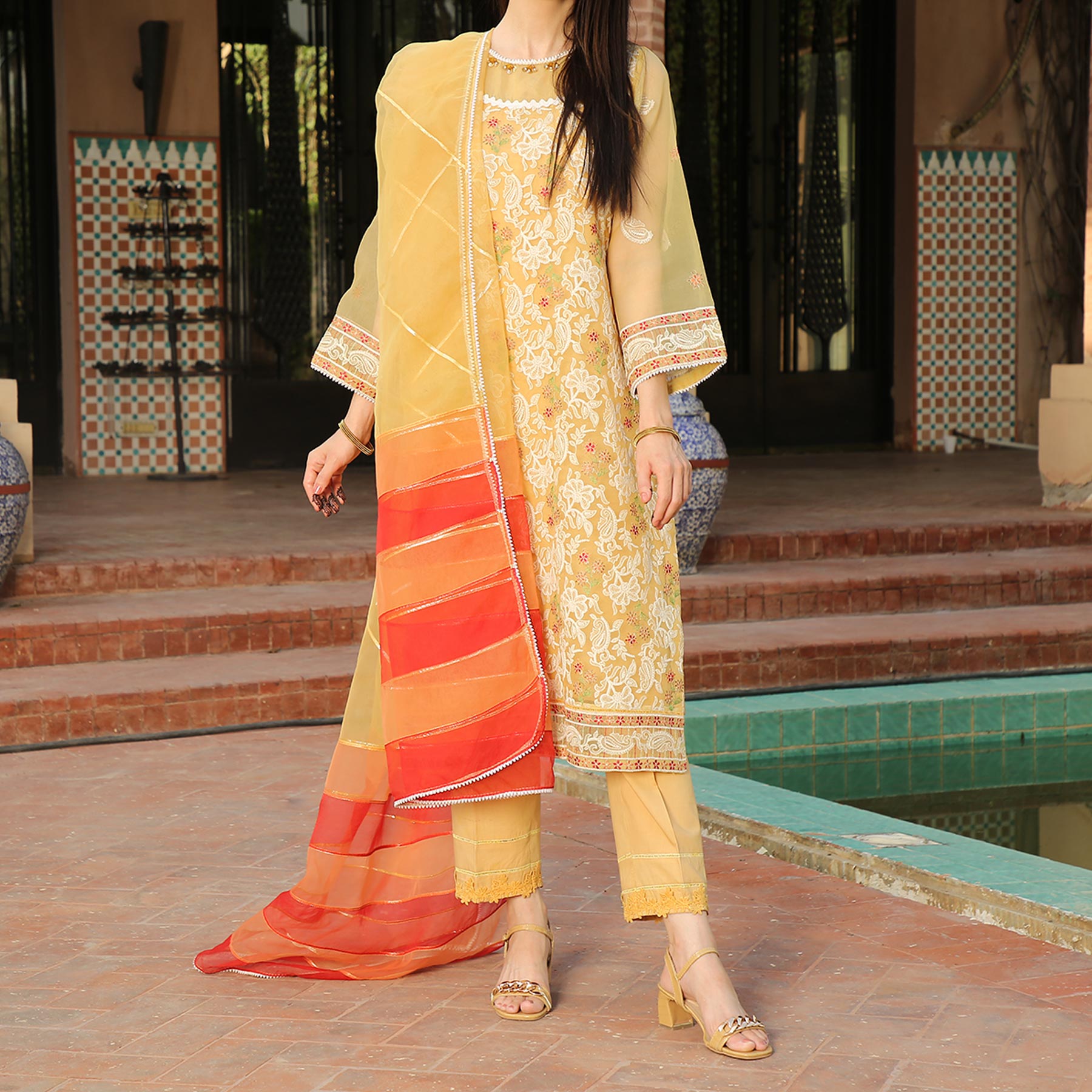 3PC- Embellished Orgazna Shirt & Dupatta with Raw Silk Trousers PS2185