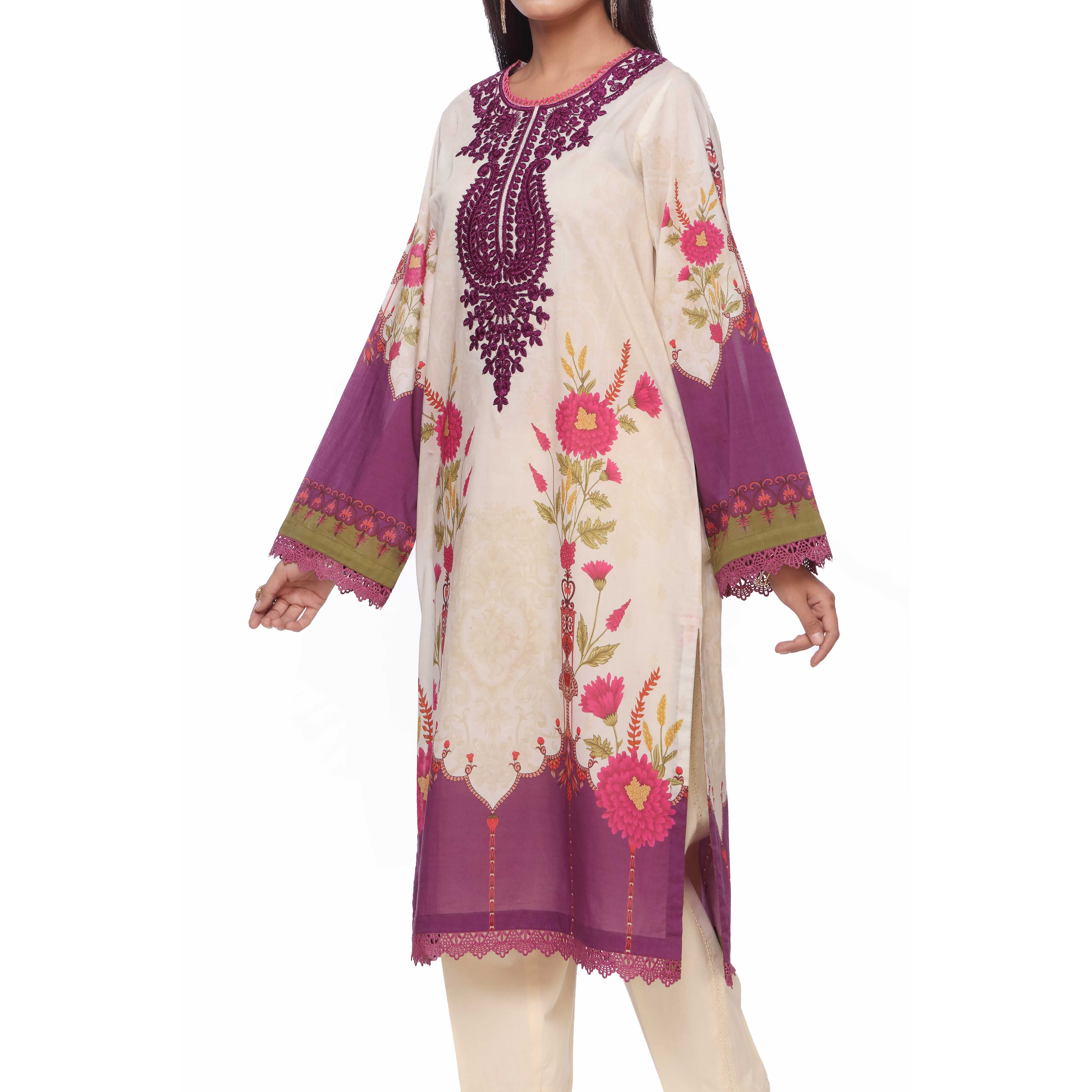 Cream Unstitched Digital Printed Lawn Embroidered Shirt PS2466