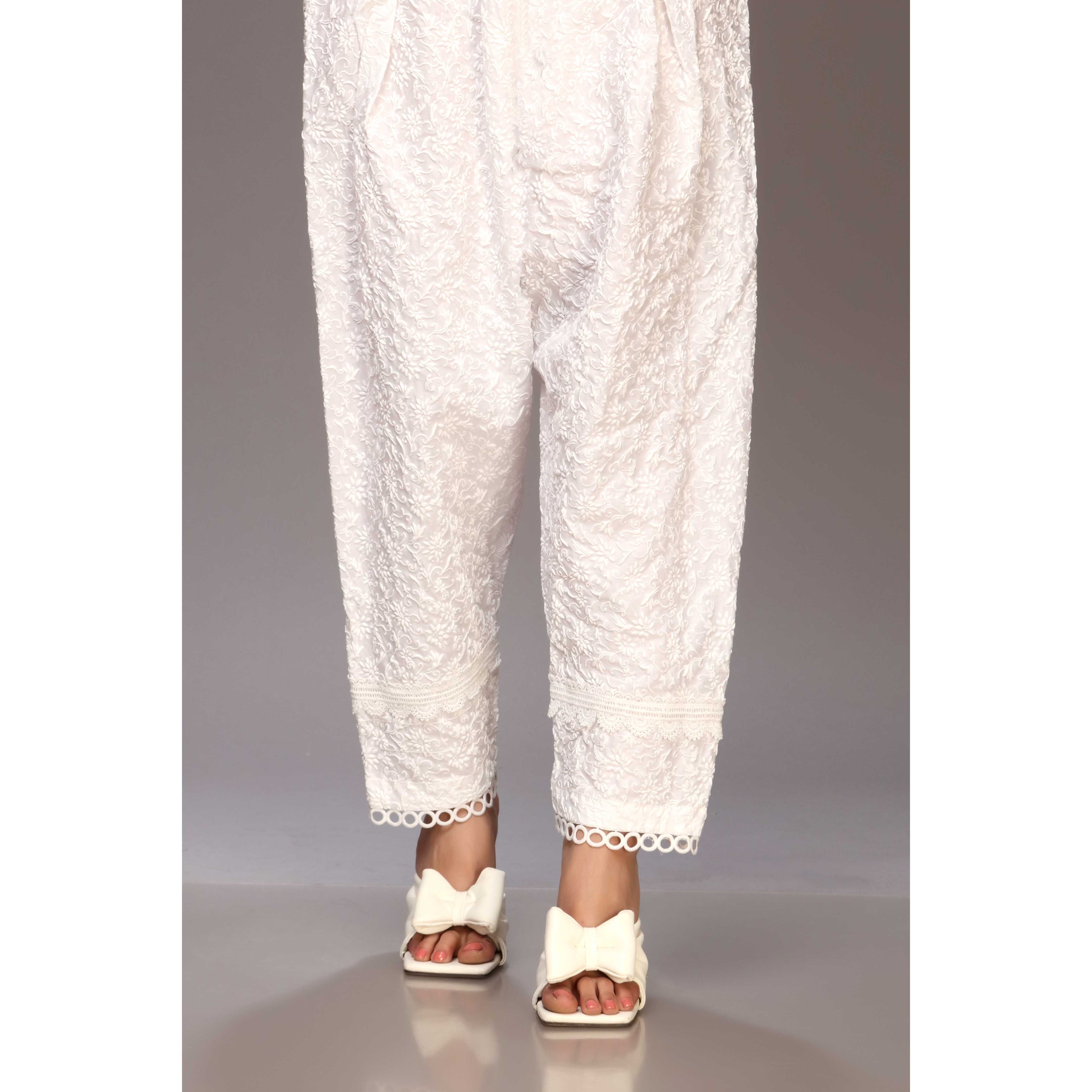 White Color Cambric Puff Printed Shalwar PS2508