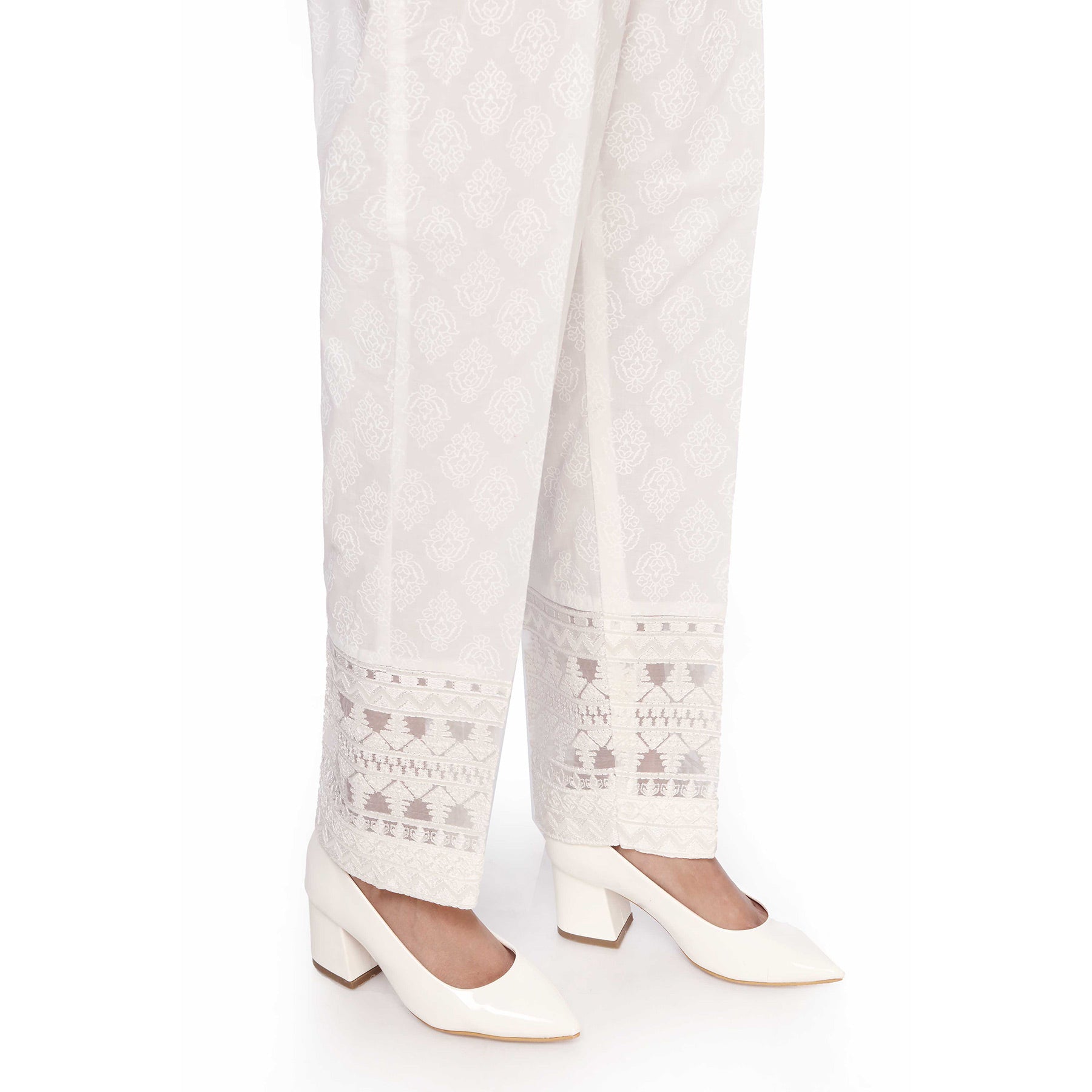 White on White Puff Print Slim Fit Trousers