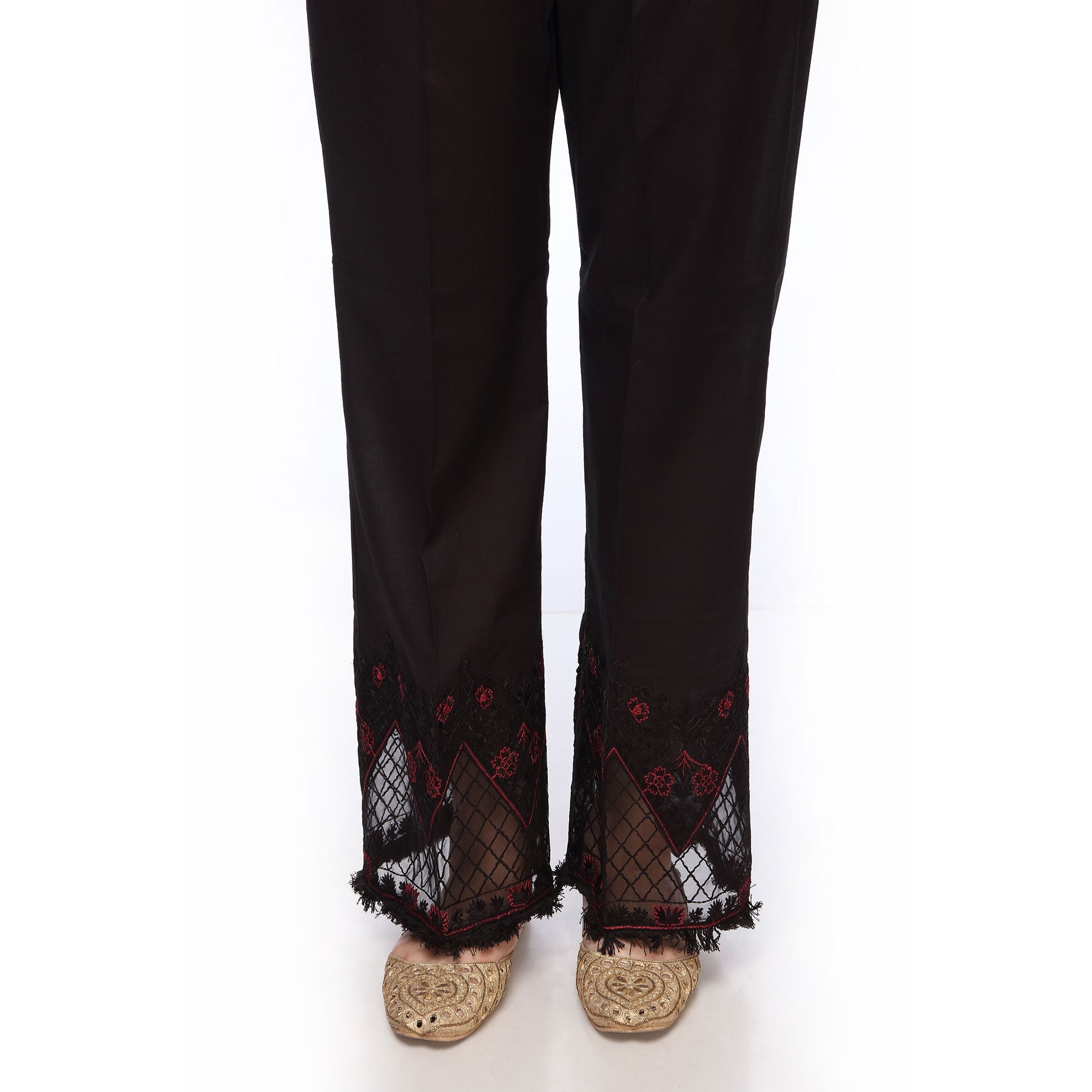 Black Color Straight Fit Embellsihed Cambric Trousers PS251201
