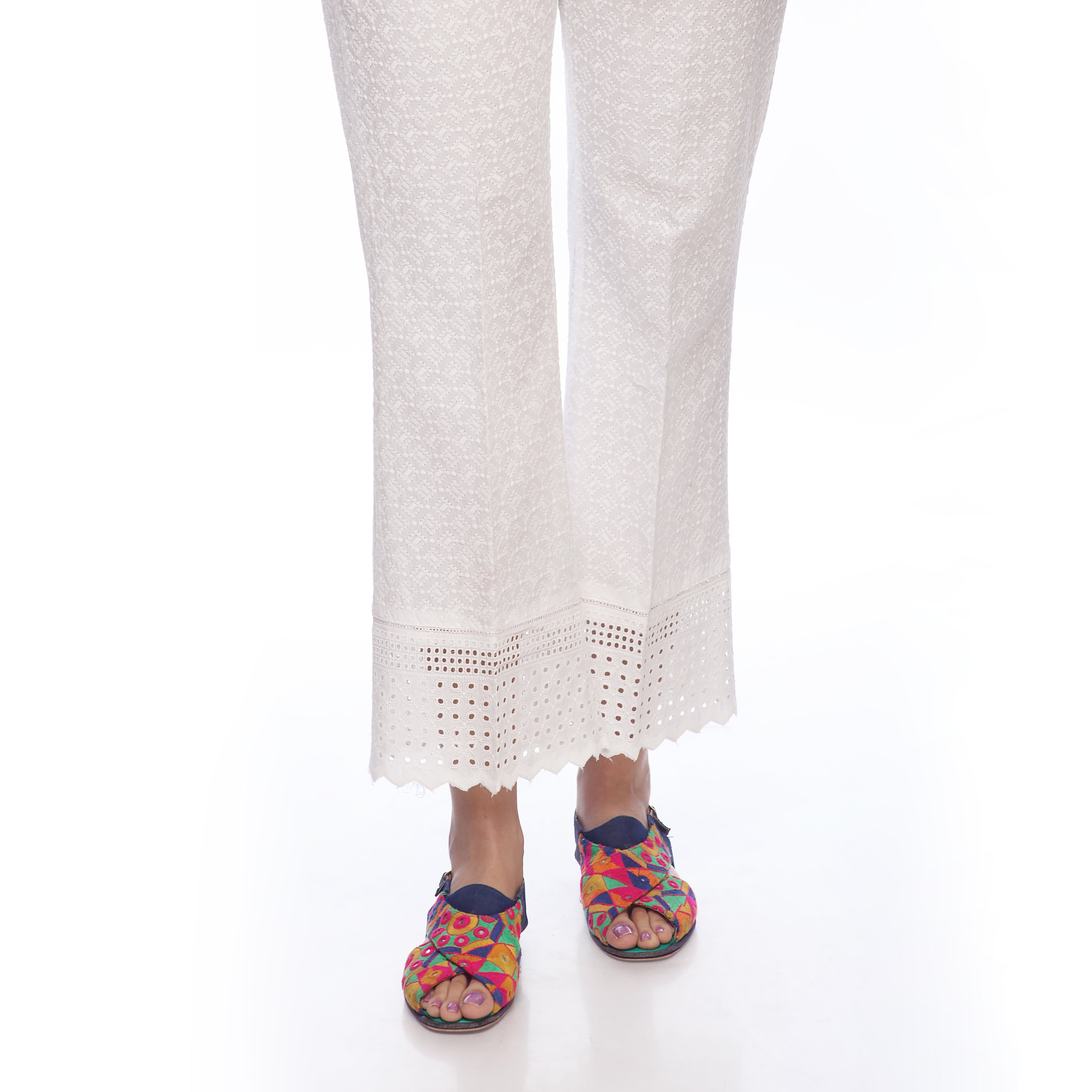 White Color Straight Fit ChikanKari Embellished Trousers PS2515