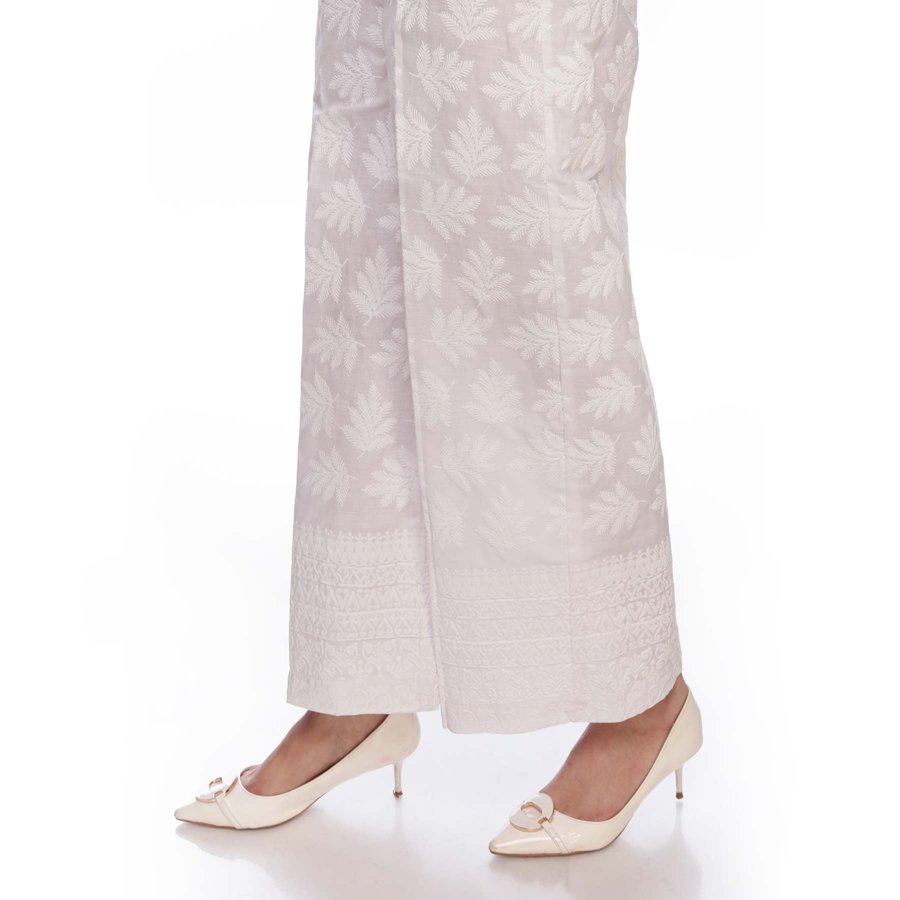 White Color Printed Straight Fit Cambric Trousers PS2546