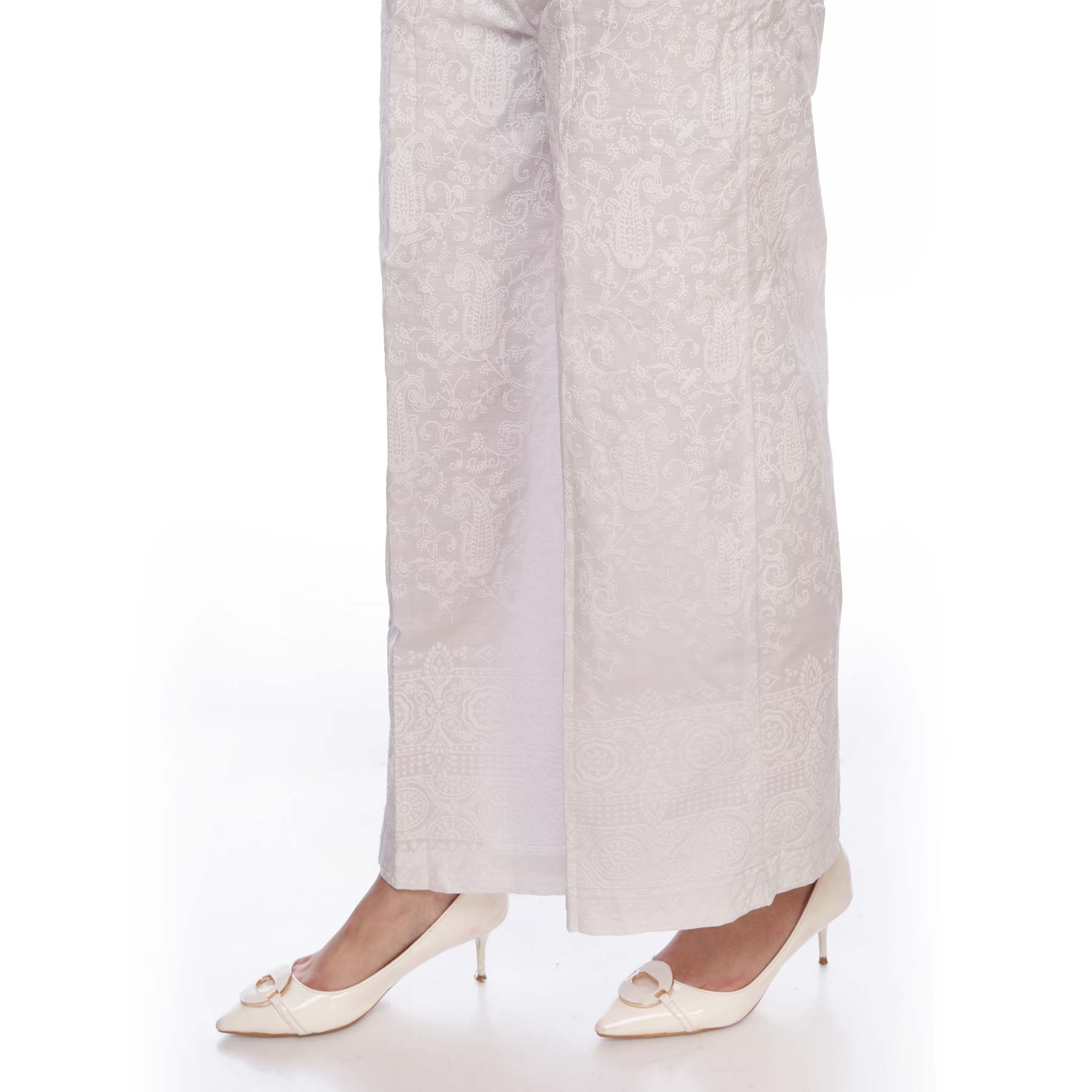 White Color Printed Straight Fit Cambric Trousers PS2547
