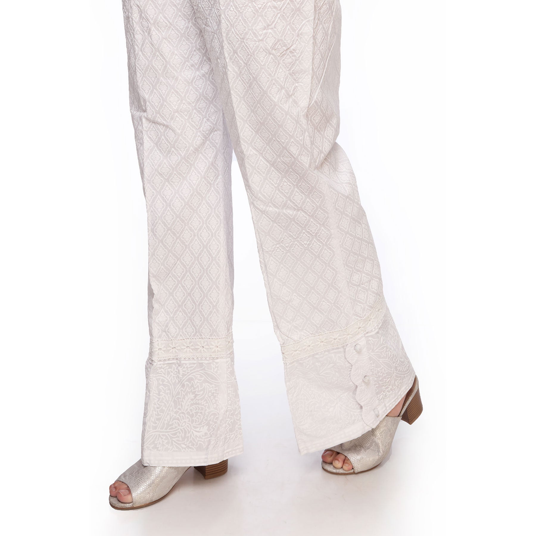 White Color Straight Fit Printed Cambric Trousers PS255009