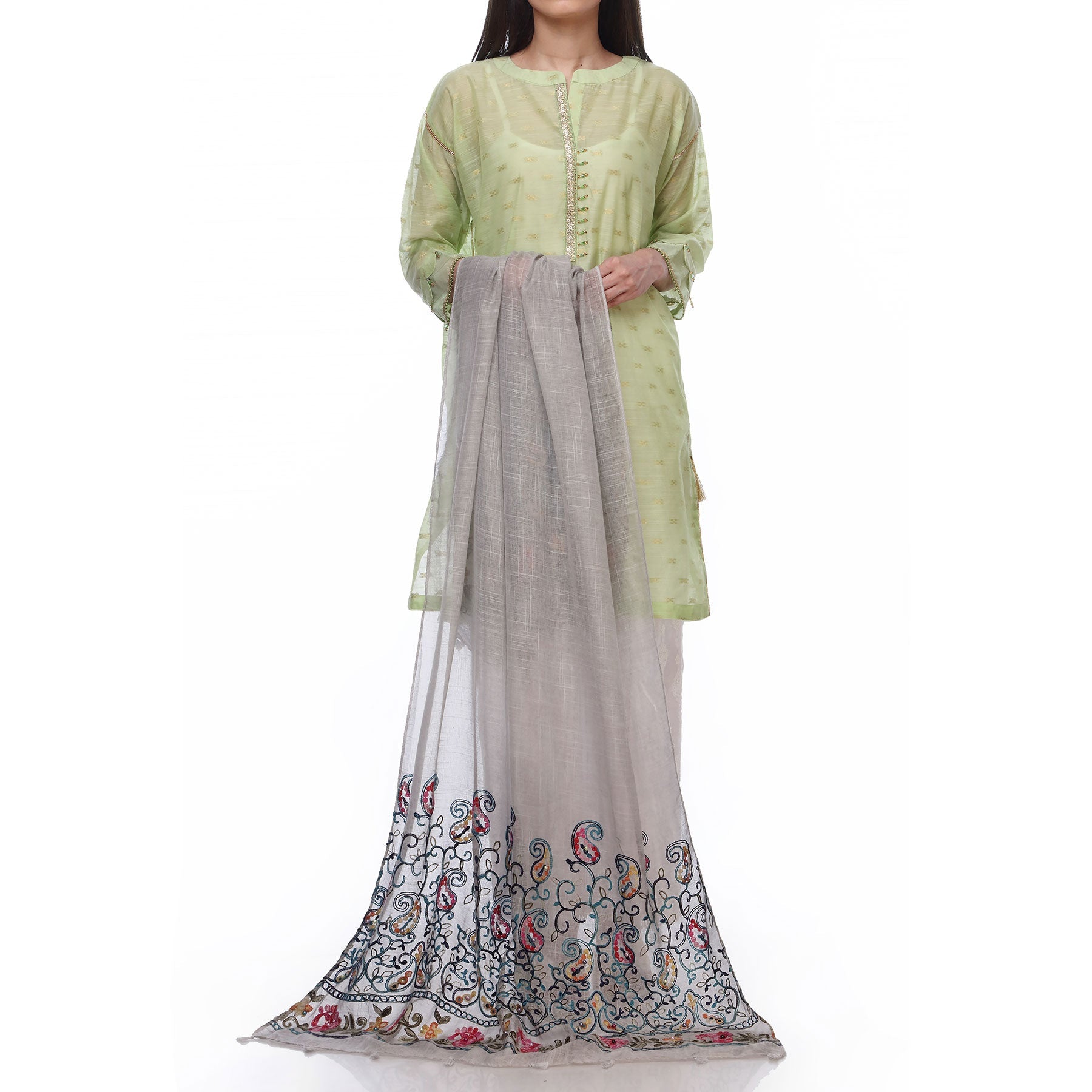Grey Color Embellished Dyed Lawn Stole PS2713