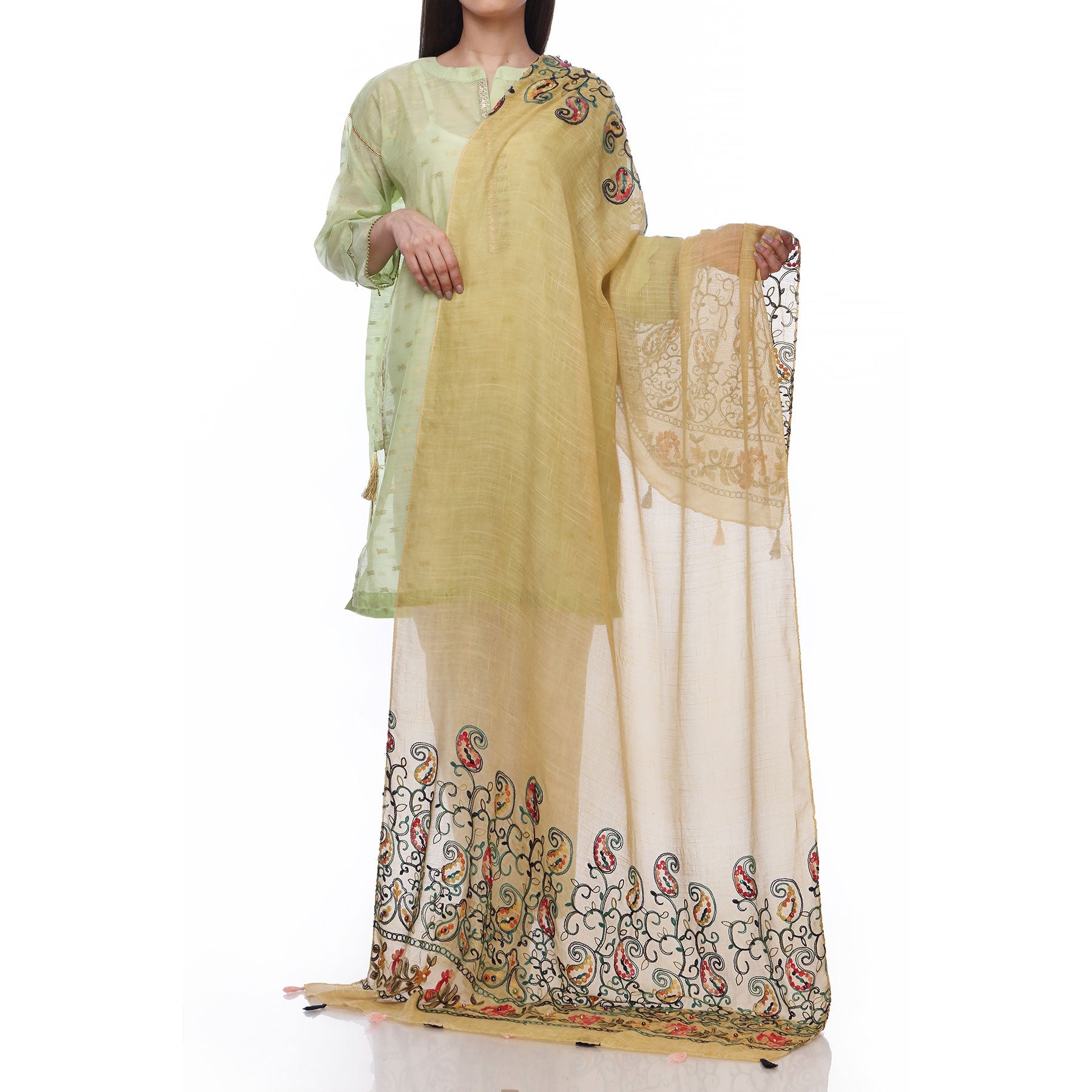 Yellow Color Embellished Dyed Lawn Stole PS2713