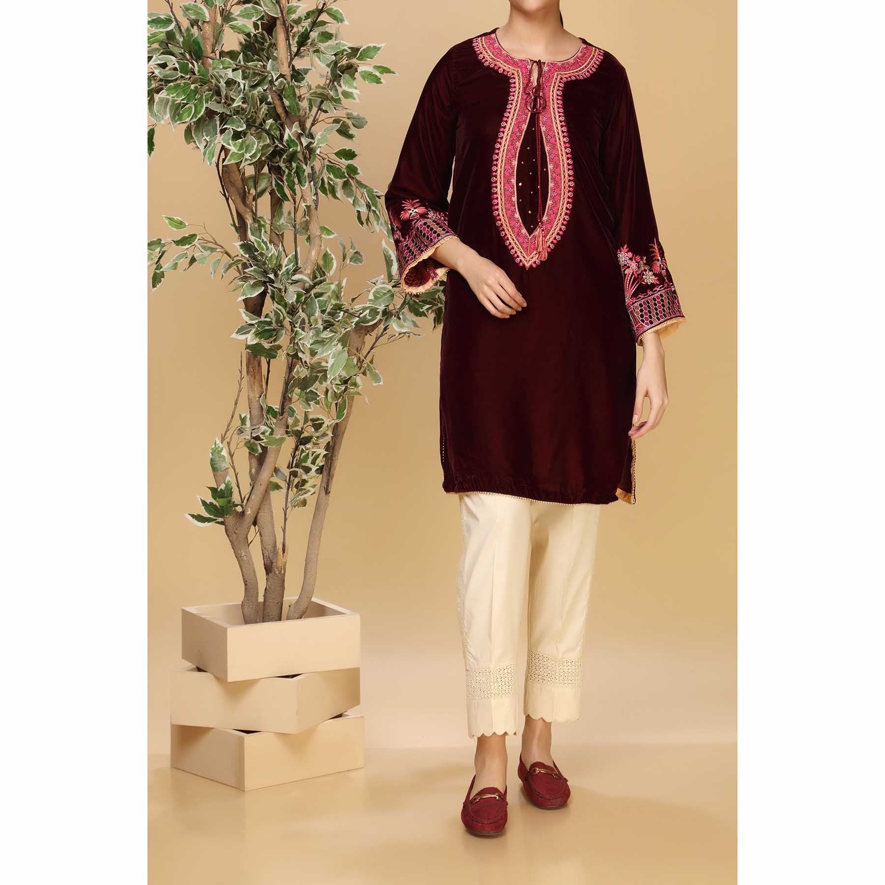 Maroon Color Embroidered Velvet Shirt PW1061