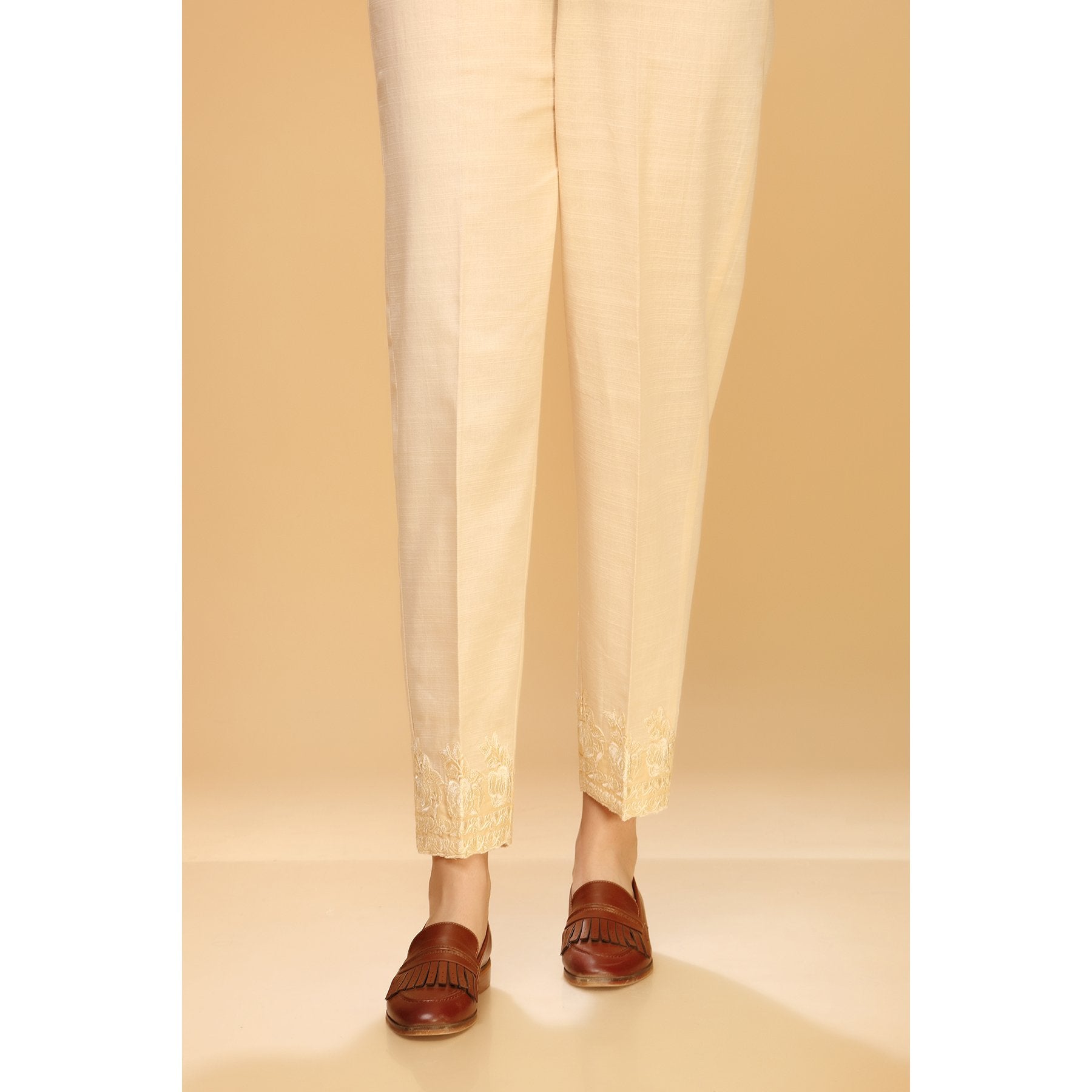 Embroidered Raw Silk Straight Pant