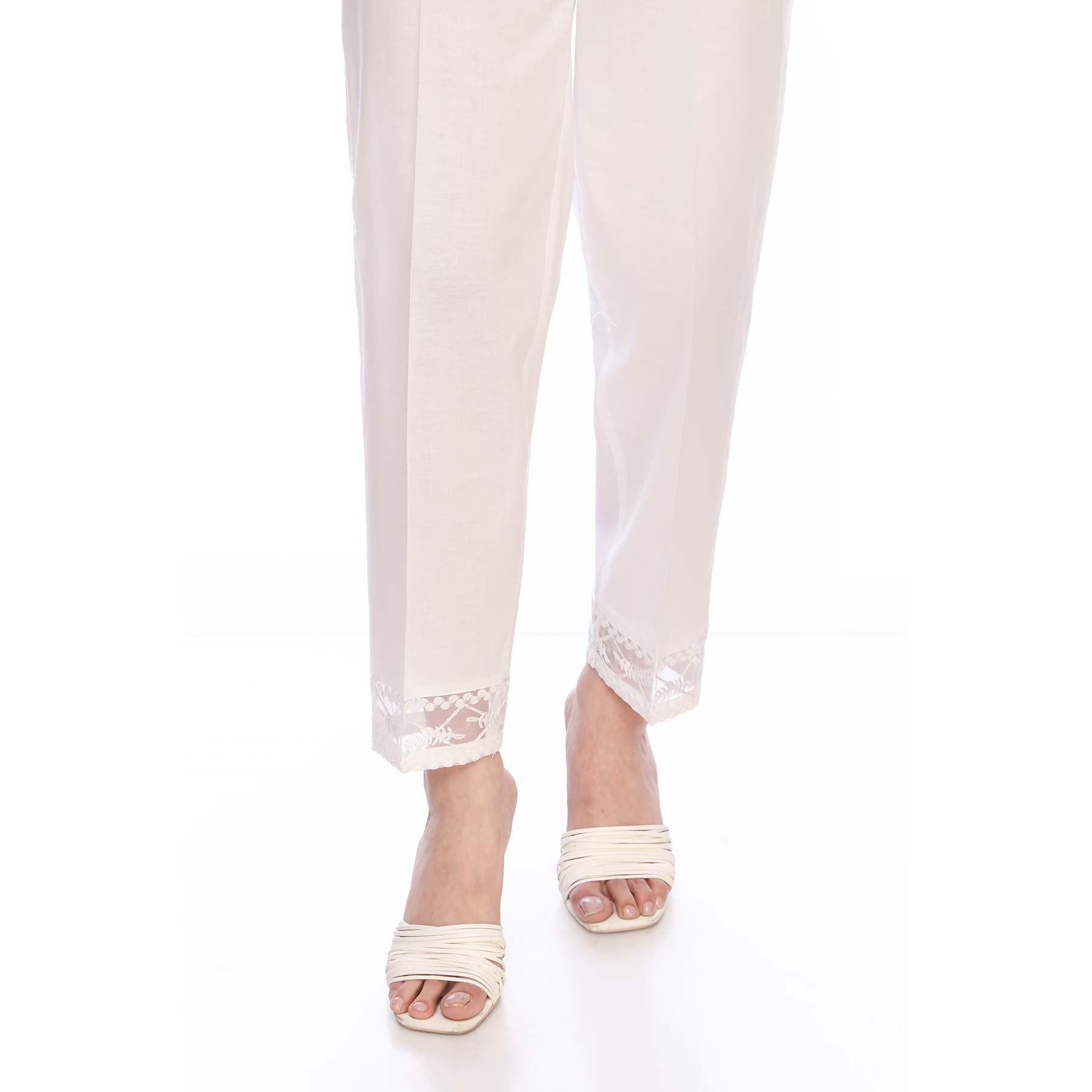 White Color Embellished Slim Fit Cambric Trousers PW1509