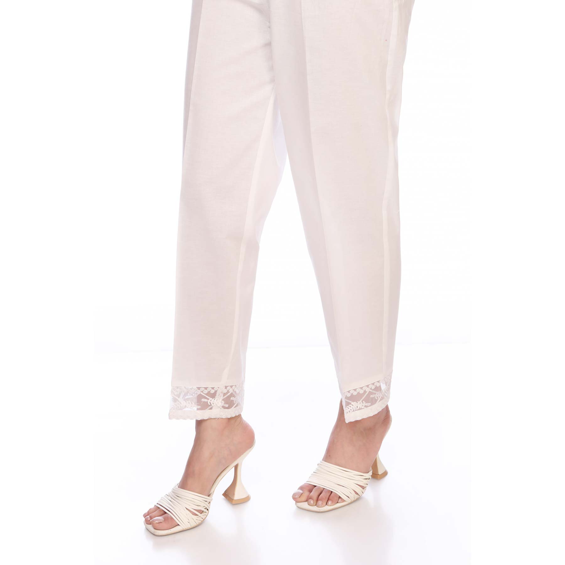 White Color Embellished Slim Fit Cambric Trousers PW1509
