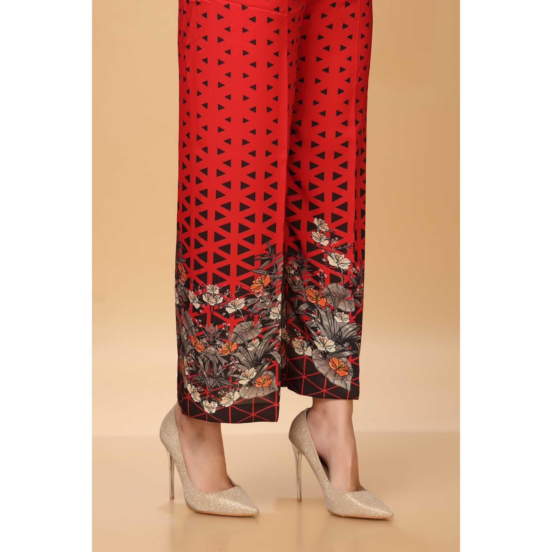 Red Color Grip Silk Printed Trouser PW1528