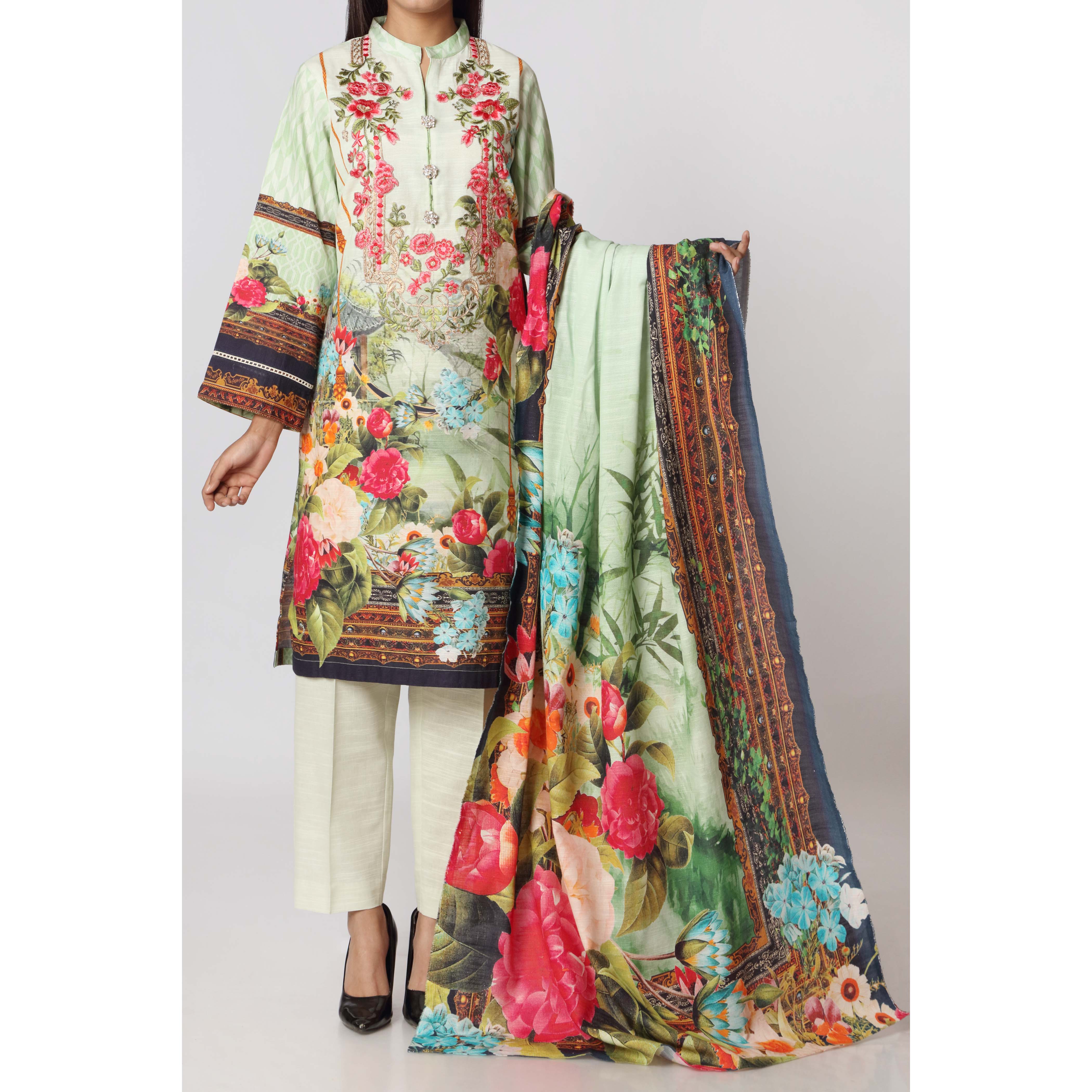 3PC- Digital Printed Khaddar Embroidered Suit  PW2404
