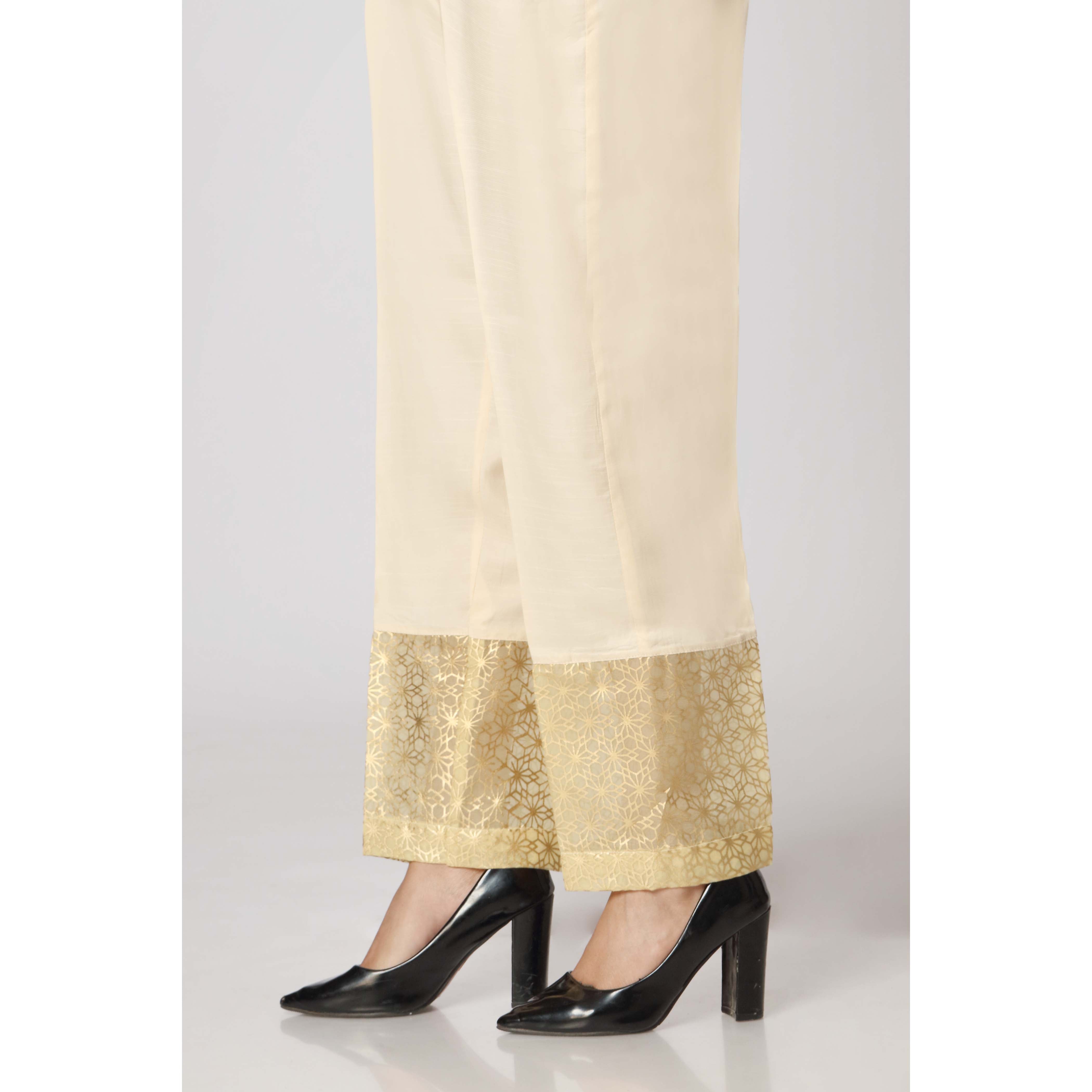 Beige Raw Silk Embellished Straight Fit Trouser PW2503
