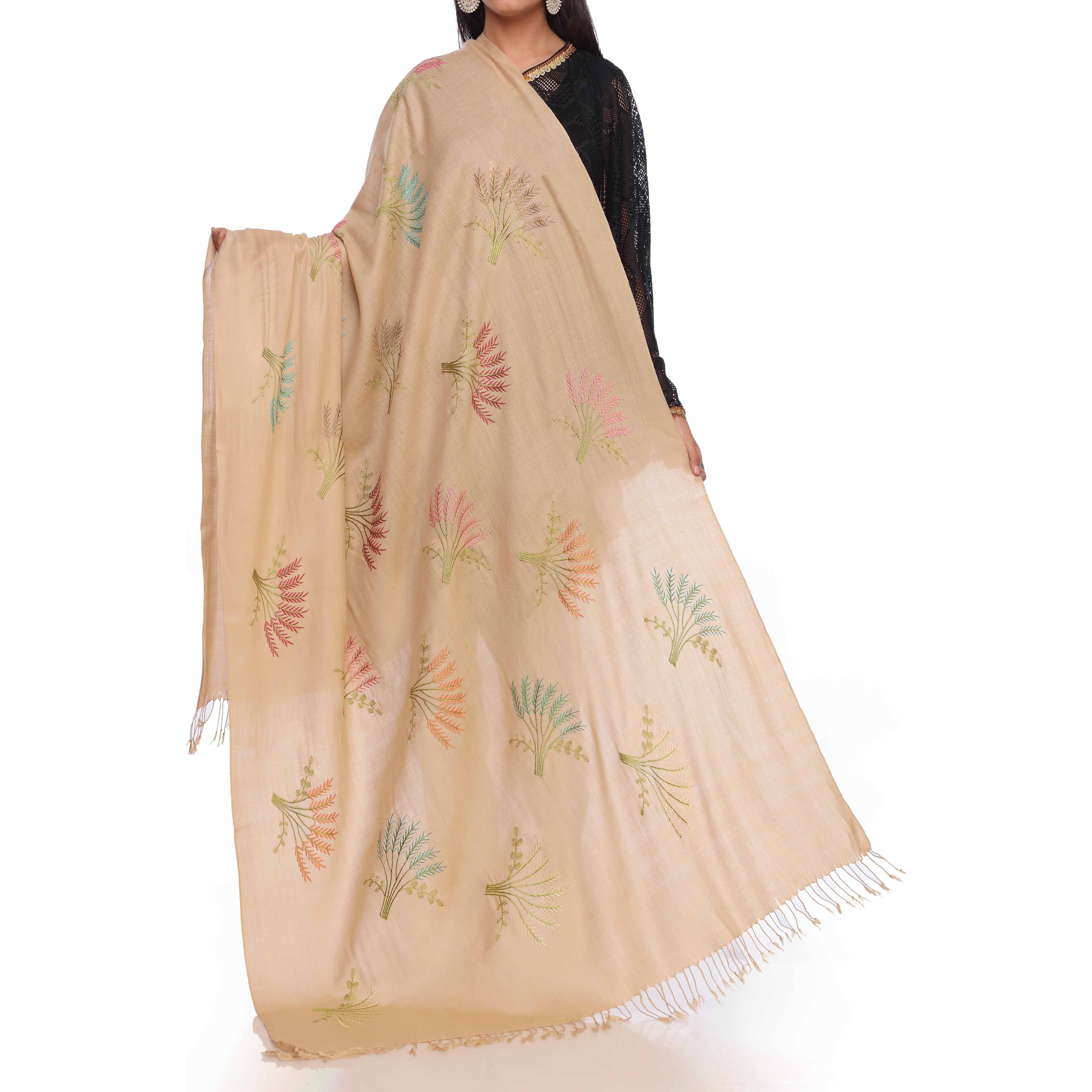 Khaki Embroidered Pashmina Shawl PW2723